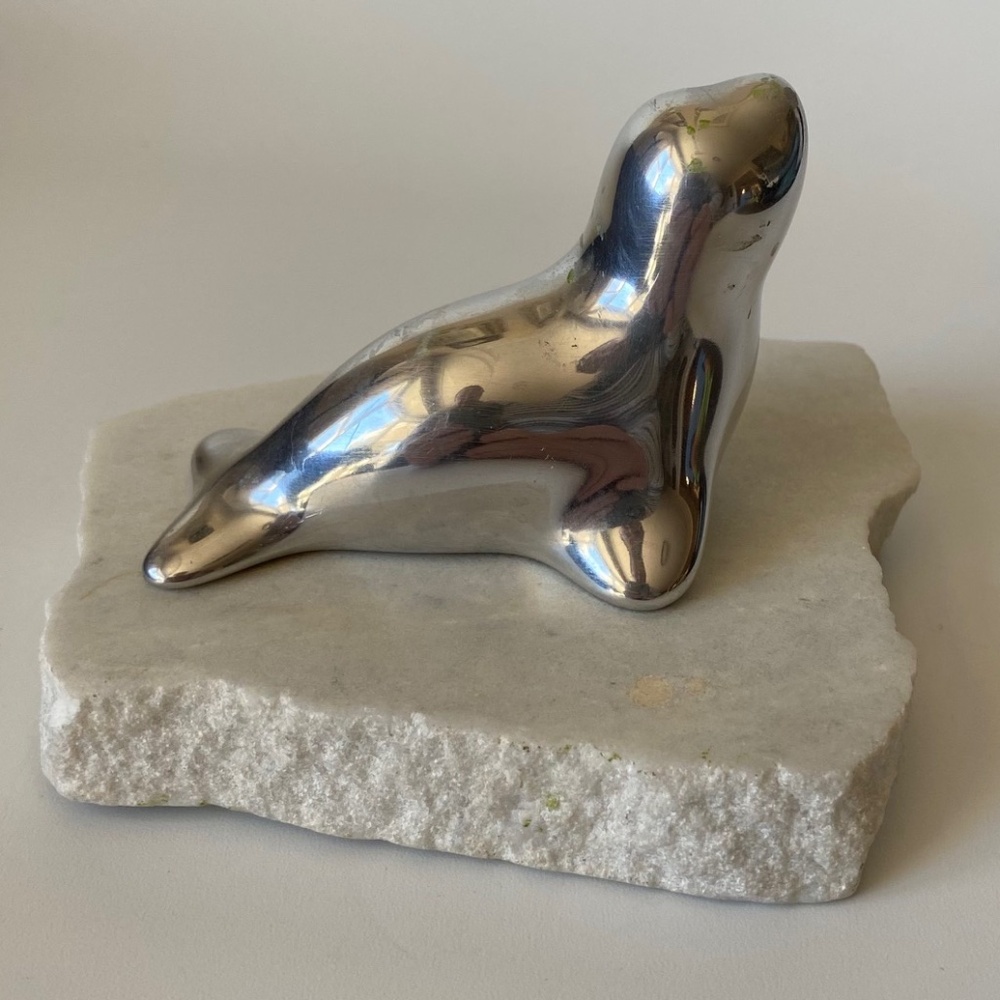 Vintage HASELTON Sculpture Seal Puppy: Aluminum, Marble Base, Signed, Collectibl